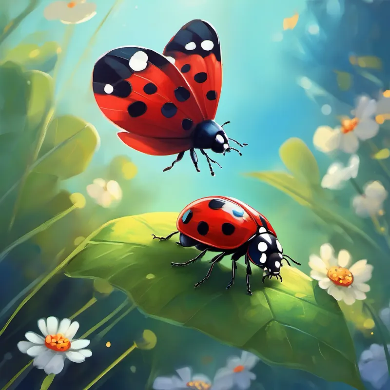 Tiny ladybug, red with black spots and Butterfly, blue wings with white spots stop to rescue a bee from a web.