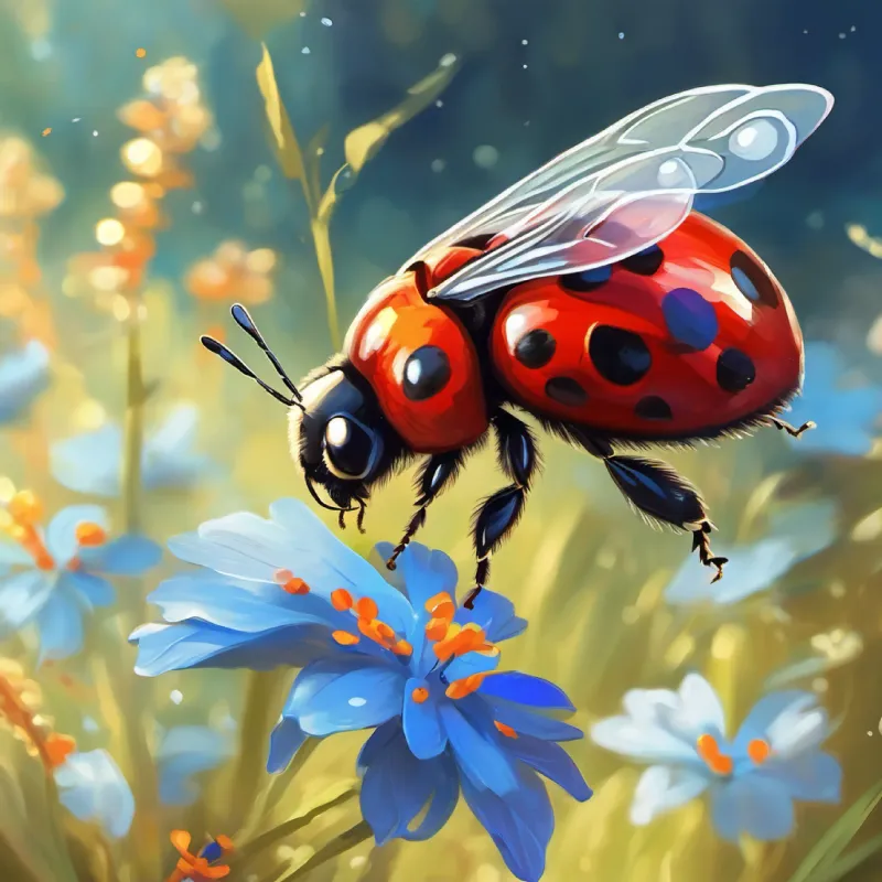 The bee expresses gratitude to Tiny ladybug, red with black spots and Butterfly, blue wings with white spots.