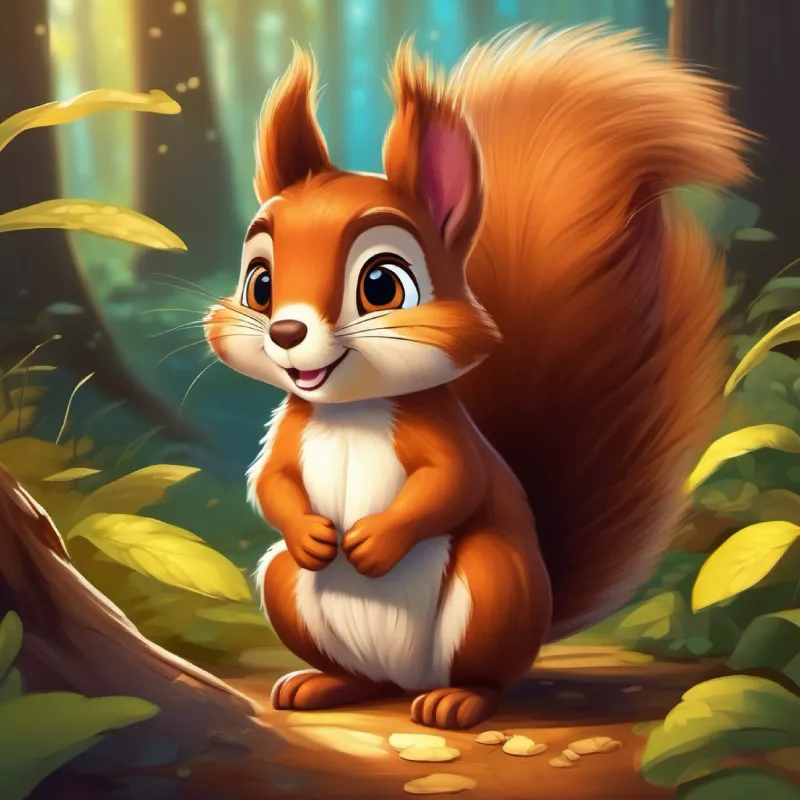 Introducing Brave little squirrel, fluffy tail, brown fur, bright eyes and the rumor about the treasure, in the sunny forest.