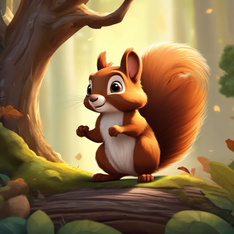 Brave little squirrel, fluffy tail, brown fur, bright eyes prepares for the adventure, at his tree home.