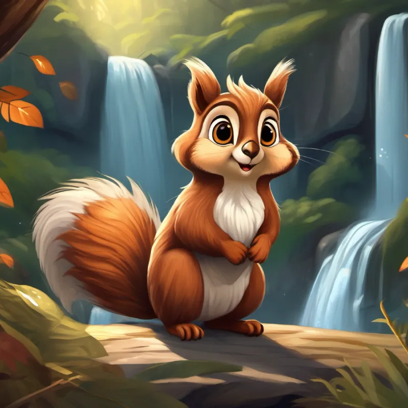 Brave little squirrel, fluffy tail, brown fur, bright eyes meets Wise old owl, grey feathers, big round eyes at the waterfall, starting point of the forest.