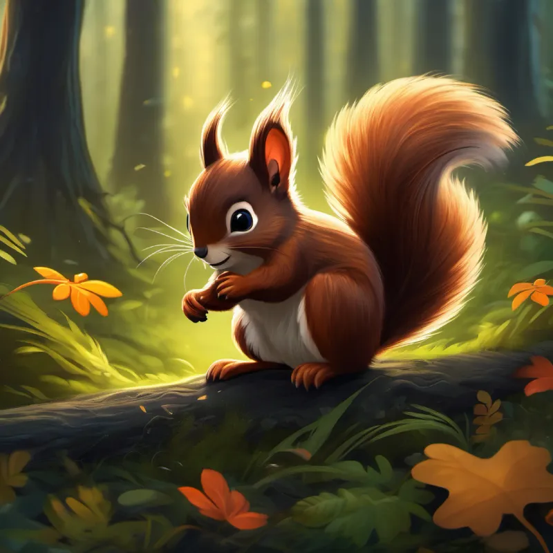 Brave little squirrel, fluffy tail, brown fur, bright eyes encounters a fairy in the darker part of the forest.