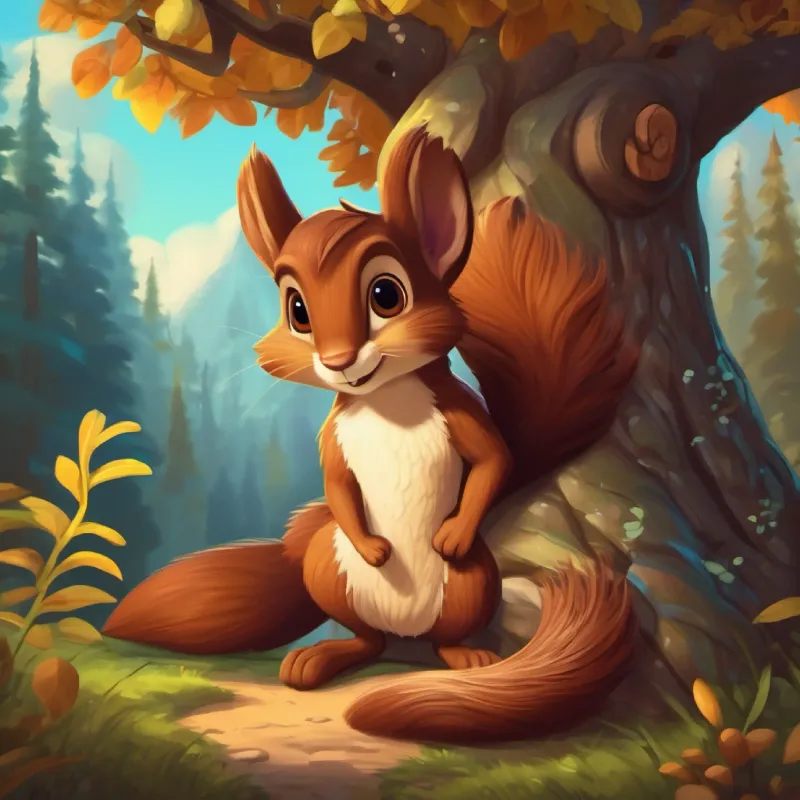 Brave little squirrel, fluffy tail, brown fur, bright eyes reaches the grand old tree and finds the snake-guarded chest.