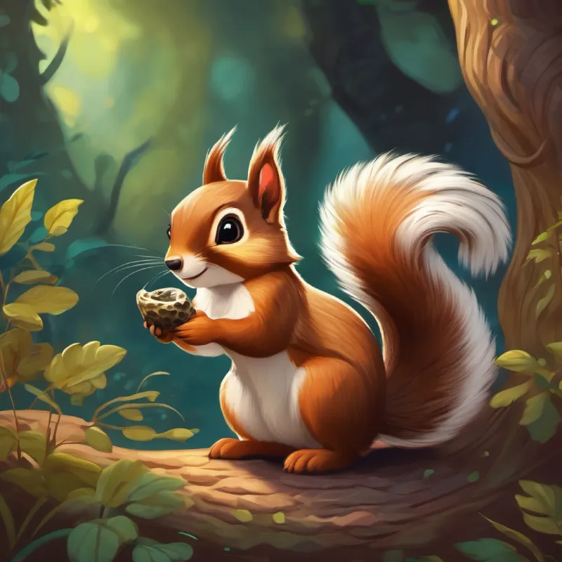 Brave little squirrel, fluffy tail, brown fur, bright eyes solves the snake's riddle and discovers the magical treasure.