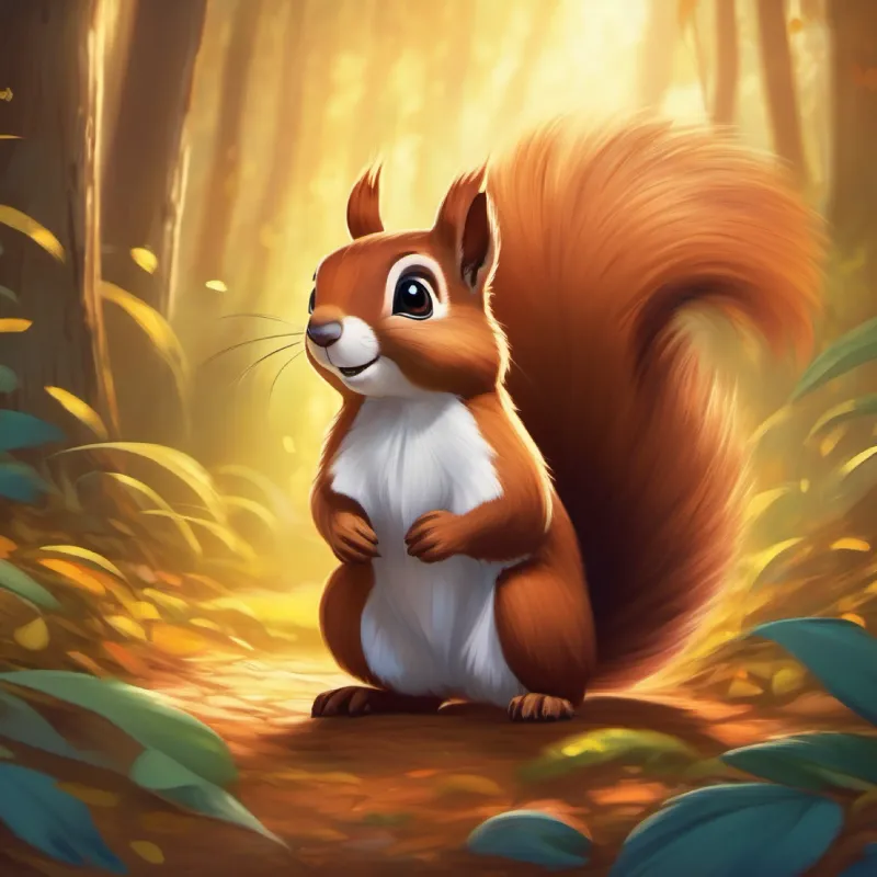 Brave little squirrel, fluffy tail, brown fur, bright eyes makes a selfless wish, treasure's power revealed, happy ending.