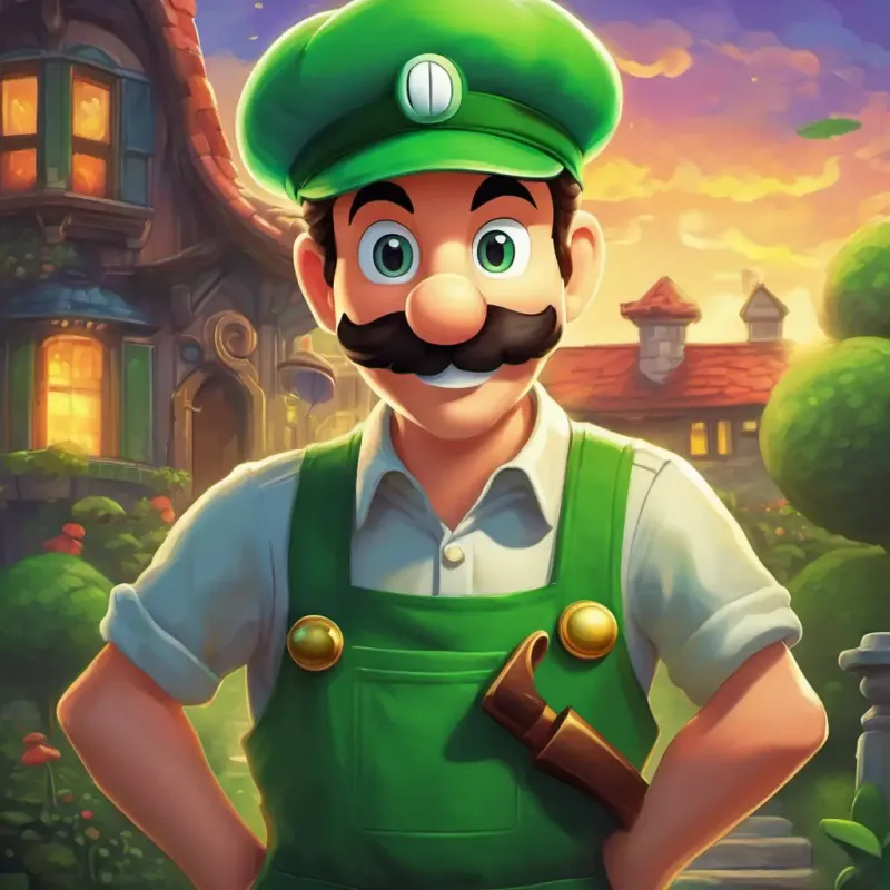 The story begins with Luigi is a friendly plumber with a green hat and mustache standing in front of his haunted house with a big smile on his face.