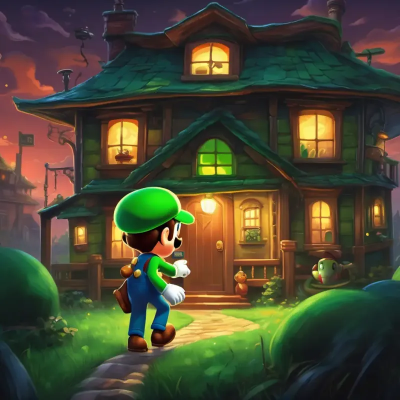 The page shows Luigi is a friendly plumber with a green hat and mustache and his friends walking cautiously through the haunted house with a flashlight.