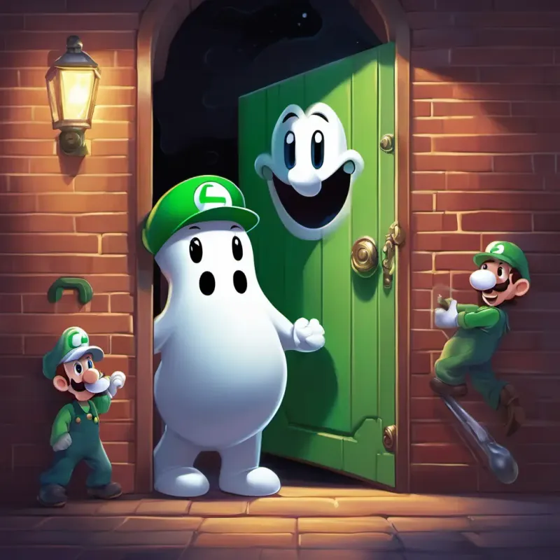 The page shows Luigi is a friendly plumber with a green hat and mustache and his friends discovering Casper is a friendly ghost with a white complexion and a big smile the friendly ghost, who is peeking out from behind a door.