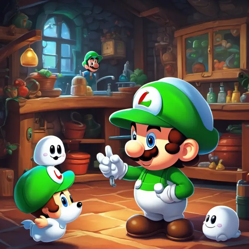 The page shows Luigi is a friendly plumber with a green hat and mustache, his friends, and Casper is a friendly ghost with a white complexion and a big smile having a great time in the haunted house, playing games and laughing.