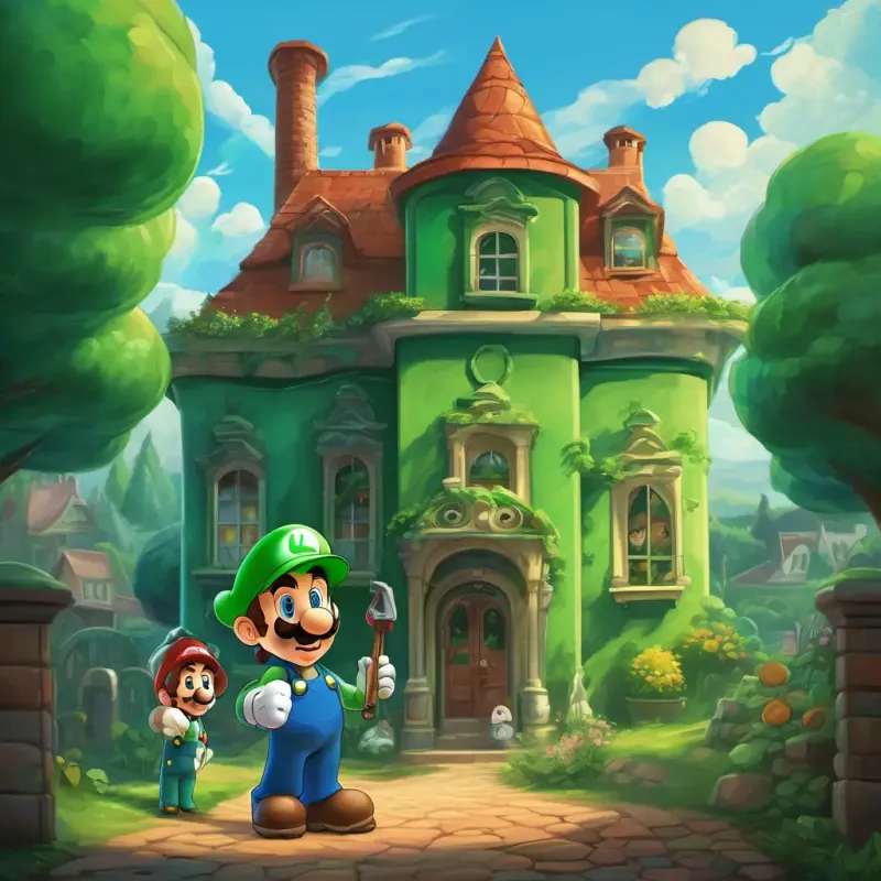 The story concludes with Luigi is a friendly plumber with a green hat and mustache and his friends waving goodbye to the ghosts outside the haunted house.