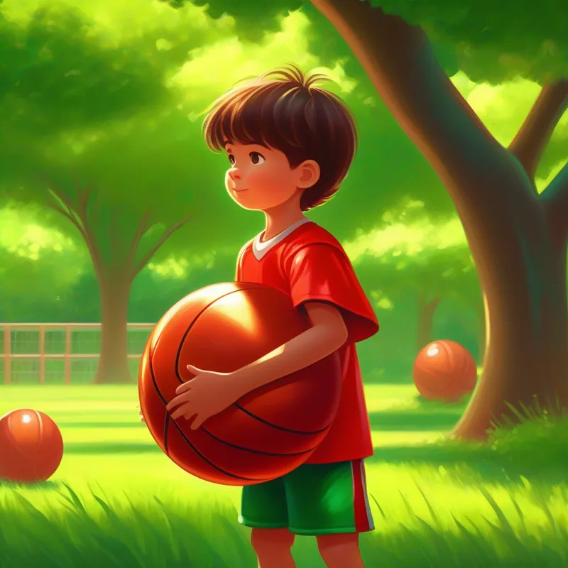 A little boy wearing a red basketball jersey and holding a basketball in a green grass park, seeing a shiny basketball