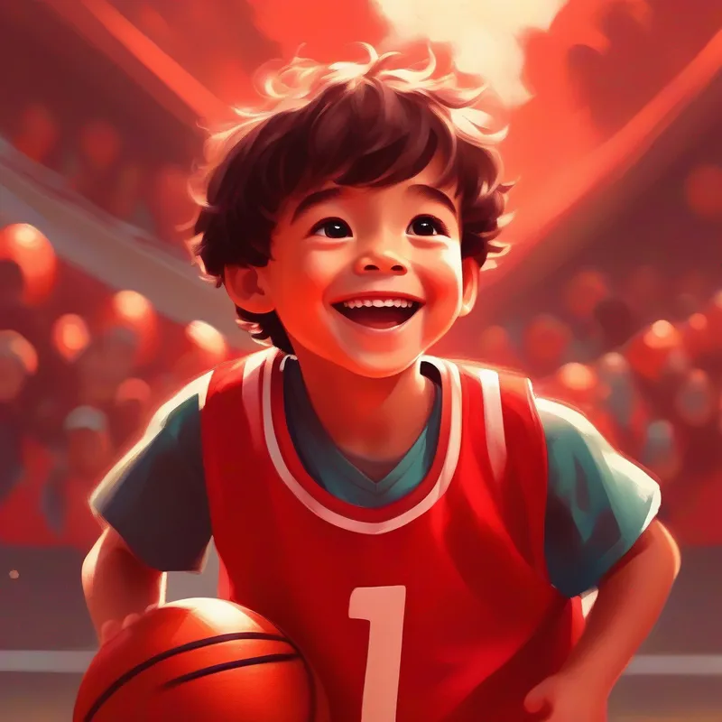 A little boy wearing a red basketball jersey and holding a basketball holding the basketball with a big smile