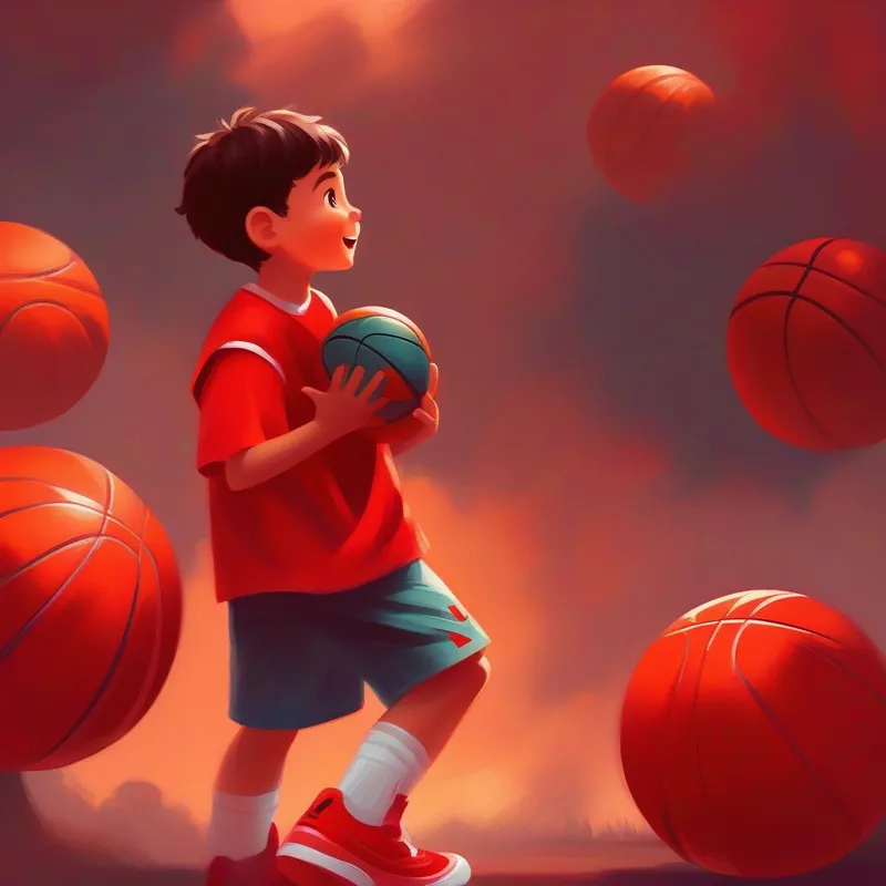 A little boy wearing a red basketball jersey and holding a basketball talking to the basketball, both happy
