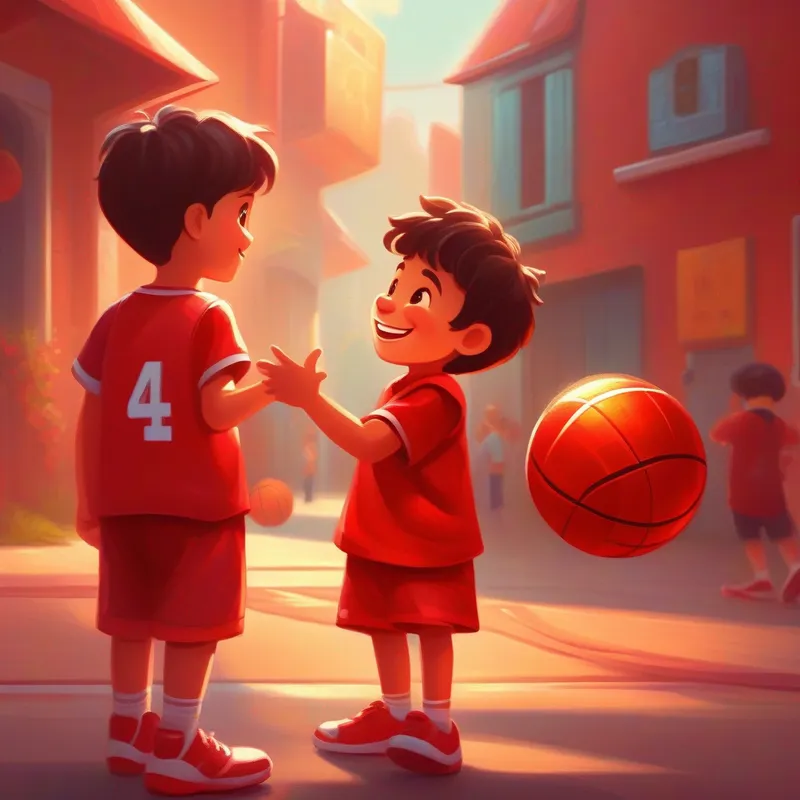 A shiny basketball with a smiling face talking cheerfully to A little boy wearing a red basketball jersey and holding a basketball