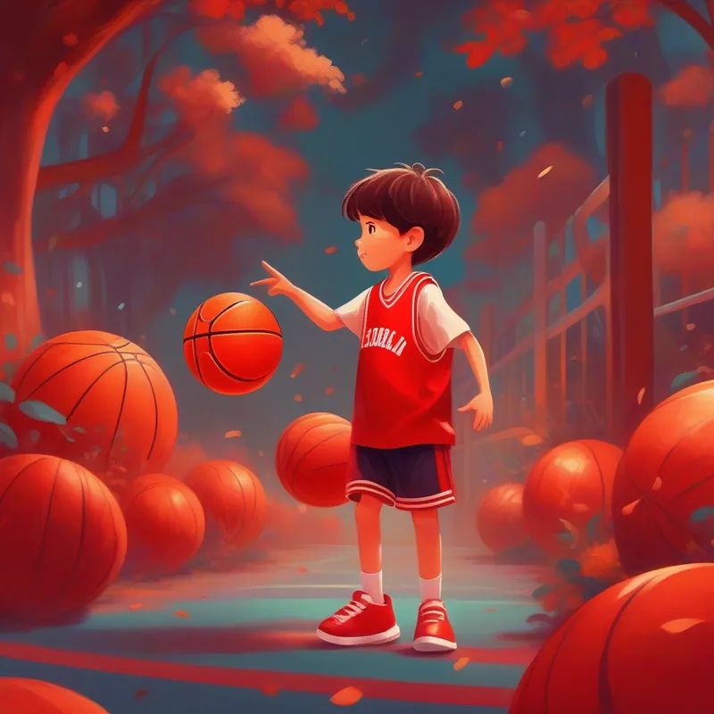 A little boy wearing a red basketball jersey and holding a basketball and the basketball playing basketball together