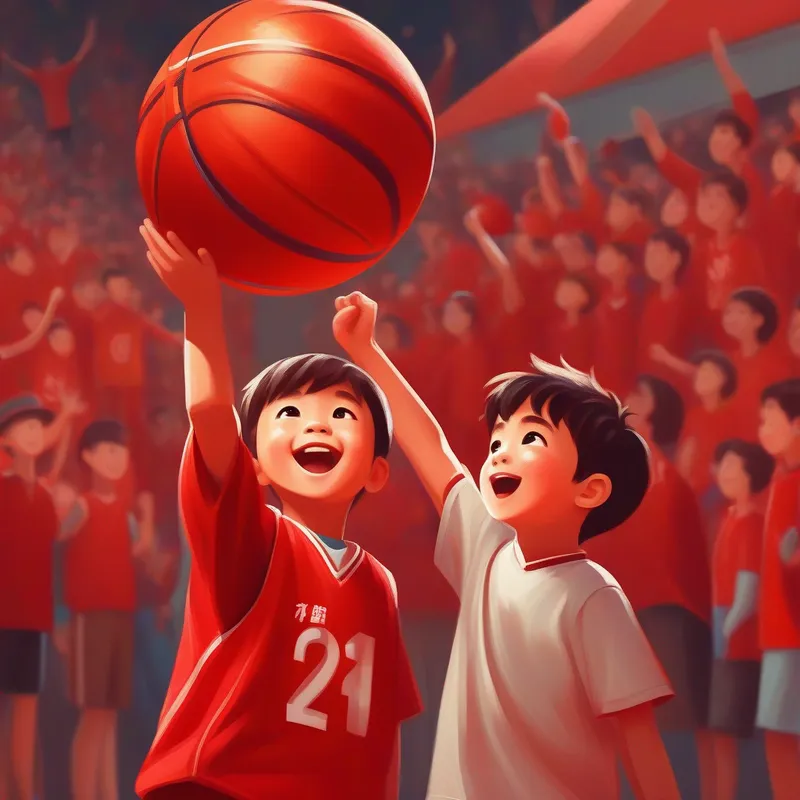 A little boy wearing a red basketball jersey and holding a basketball celebrating a victory with the basketball by his side
