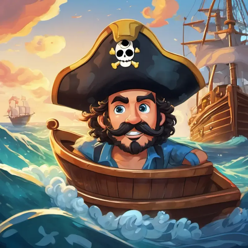 In the bathtub, there is a pirate ship called The Splashy Adventure. A fearless pirate with a big hat and a curly mustache is the captain of the ship.