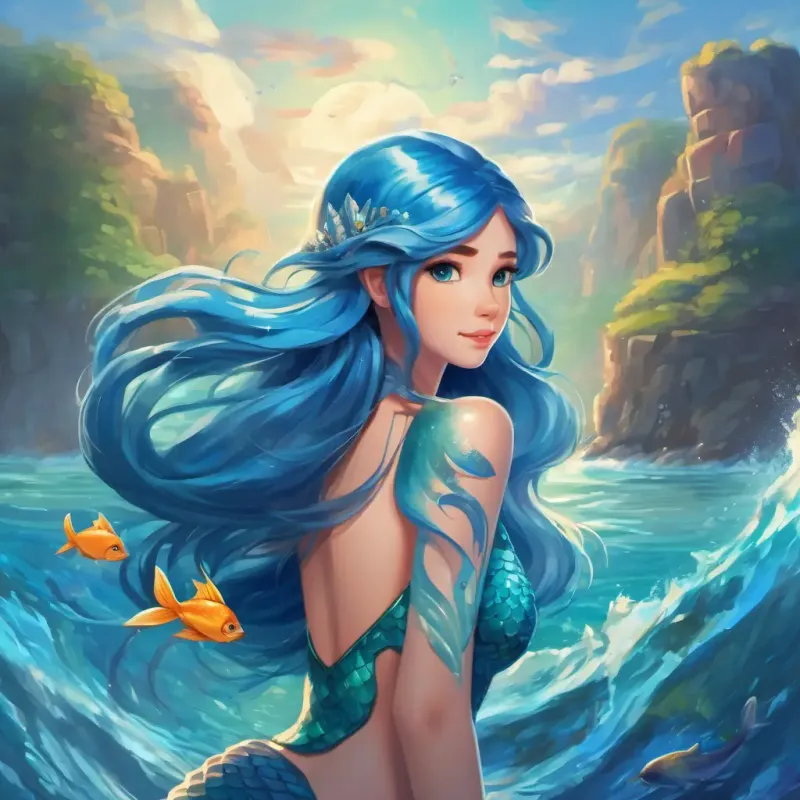 A mermaid named A brave mermaid with long, flowing blue hair and a shimmering tail with blue hair and a shimmering tail joins the crew.