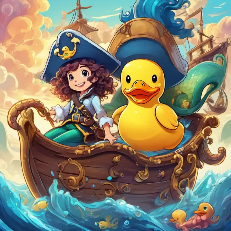 A fearless pirate with a big hat and a curly mustache, A yellow rubber duck with a big smile, A mischievous octopus with long tentacles and the ability to squirt ink, and A brave mermaid with long, flowing blue hair and a shimmering tail have fun adventures together in the bathtub.