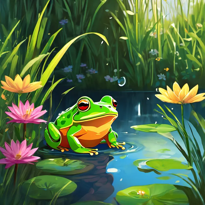 Once upon a time, there was a little frog named Grumpy. Grumpy Frog lived in a cozy pond surrounded by tall reeds and colorful flowers. But no matter how beautiful the day was, Grumpy Frog always had a frown on his face. He grumbled and complained about everything, especially when the sun shone brightly.