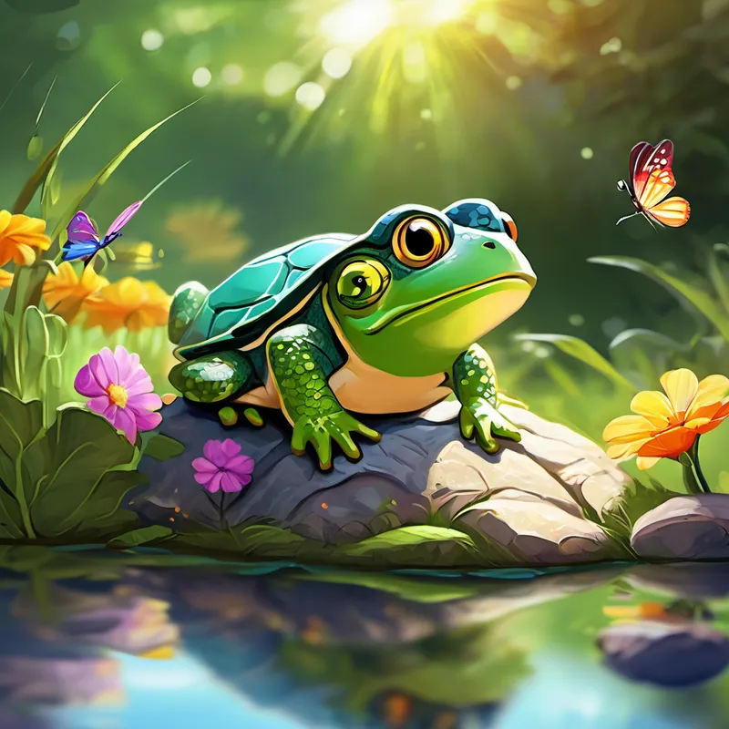 As Grumpy Frog hopped around the pond, he noticed his friends, Happy Turtle and Joyful Butterfly, playing and laughing in the warm sunshine. Happy Turtle was basking on a rock and Joyful Butterfly was fluttering from flower to flower. 'What's so great about the sun?' Grumpy Frog grumbled.