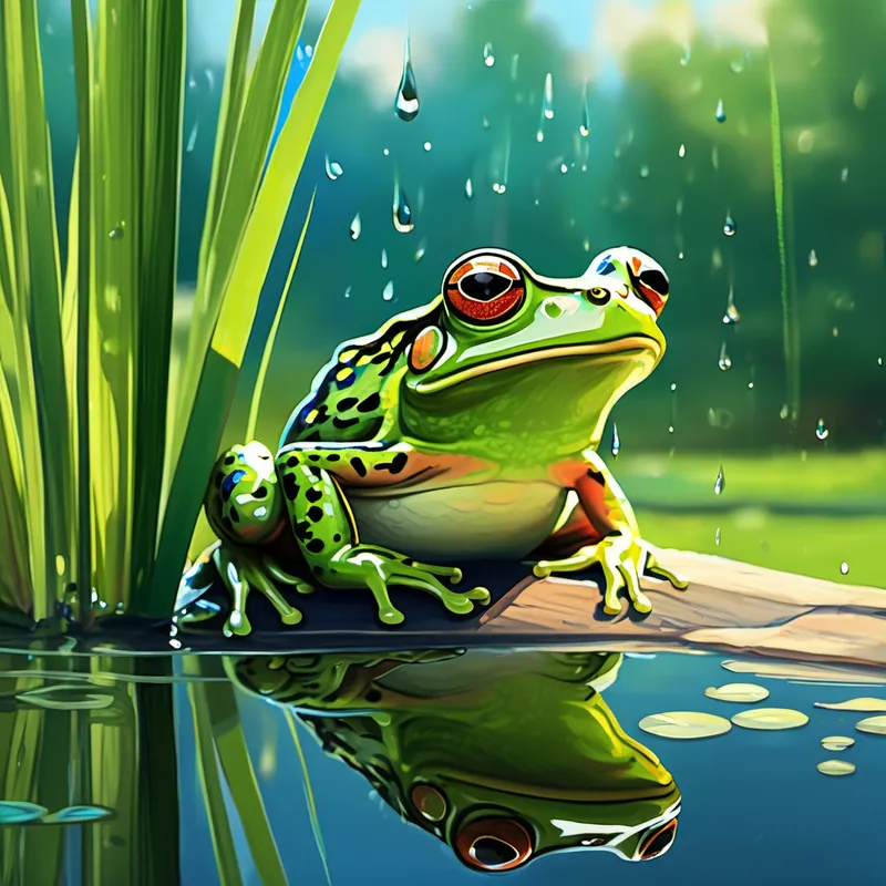 But then, something caught Grumpy Frog's eye. It was a big, glistening puddle from last night's rain. Grumpy Frog cautiously approached it and saw his reflection. He noticed how his dark green skin contrasted beautifully with the blue sky and the vibrant green reeds. Grumpy Frog had to admit, it was a pretty sight.