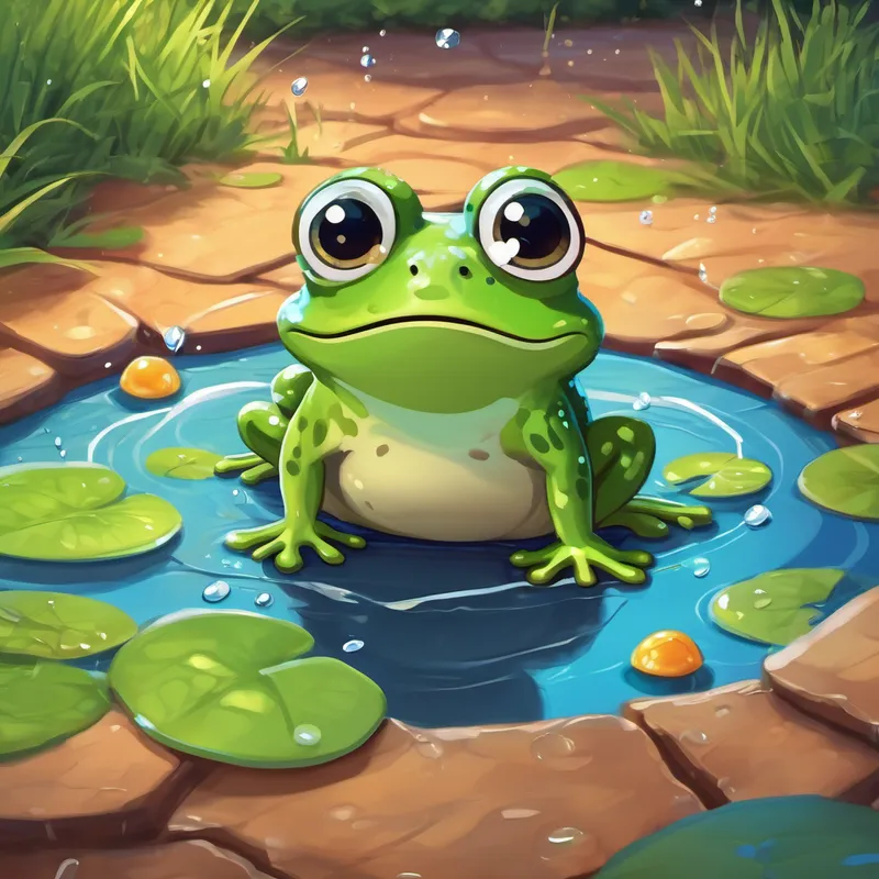 Curiosity got the better of Grumpy Frog, and he couldn't resist hopping into the puddle. The water splashed around him, wetting his belly and making him giggle. For the first time in a long while, Grumpy Frog felt a spark of joy.