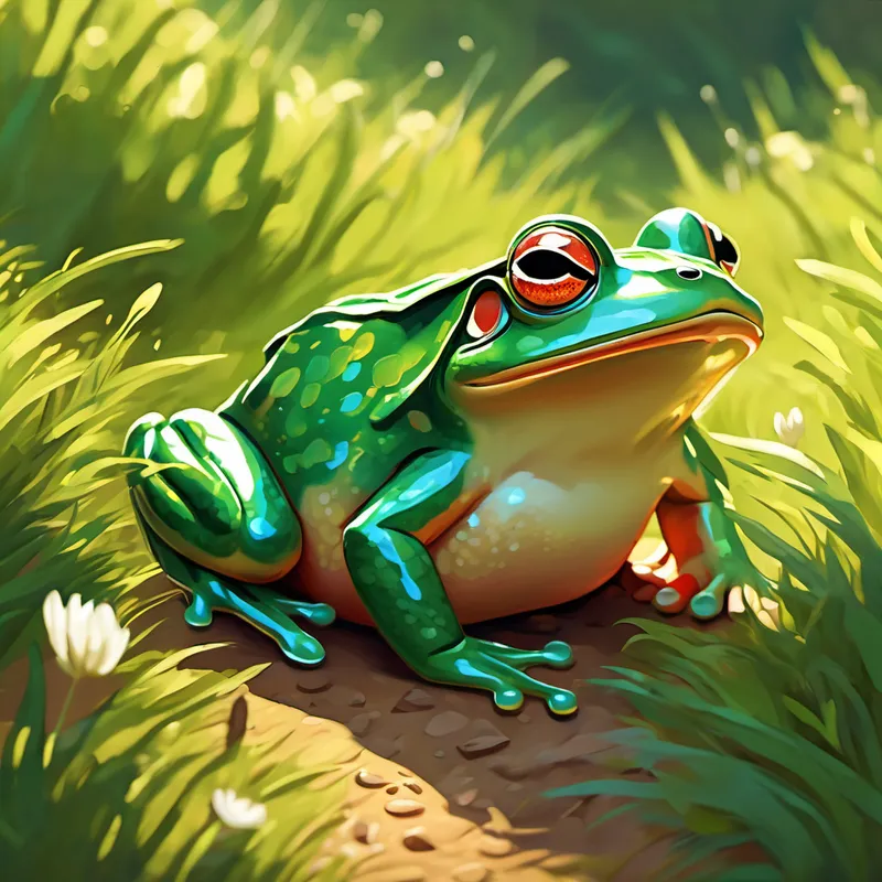 With a newfound appreciation for the sunny day, Grumpy Frog decided to explore more. He hopped over to a sunlit patch of grass and laid down on his back, letting the warm rays soak into his skin. The sun felt wonderful, like a cozy blanket hugging him tightly.