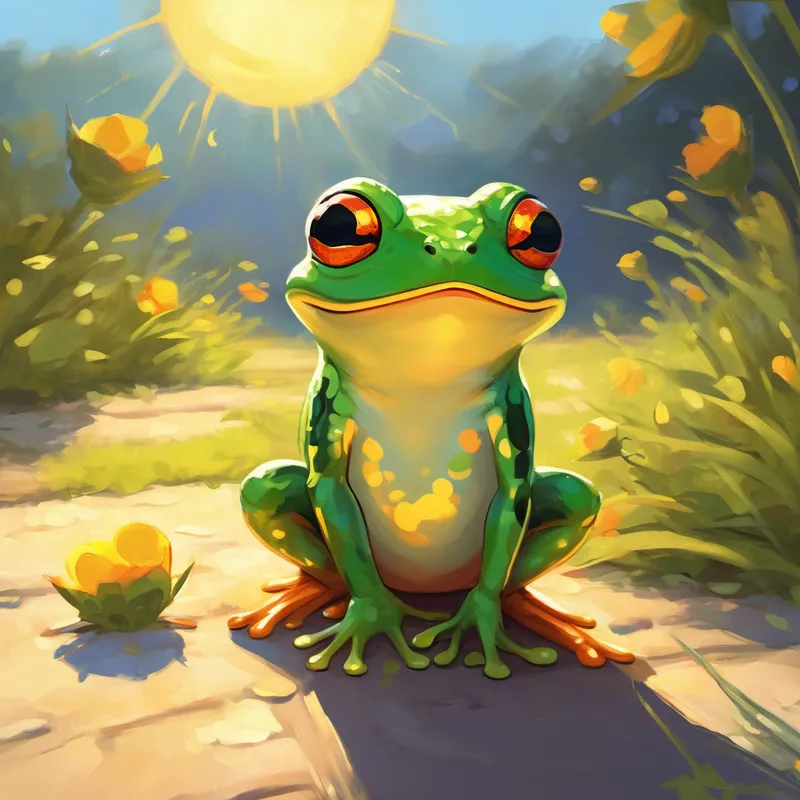 Grumpy Frog couldn't resist the urge to hop from one sunspot to another. He hopped and hopped, feeling the gentle warmth on his back. The more he hopped, the happier he became. Grumpy Frog finally understood the joy that the sun brought to everyone.