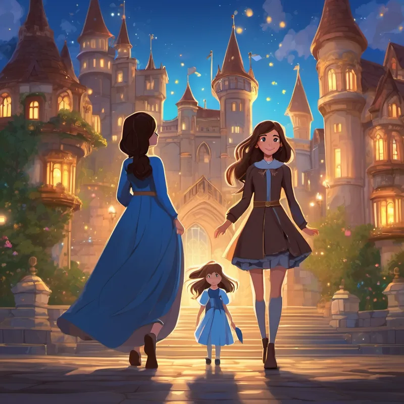Long brown hair, sparkling blue eyes, kind-hearted girl with a smile that lights up any room, with long brown hair and sparkling blue eyes, stands in a grand castle surrounded by her mean stepmother and stepsisters.
