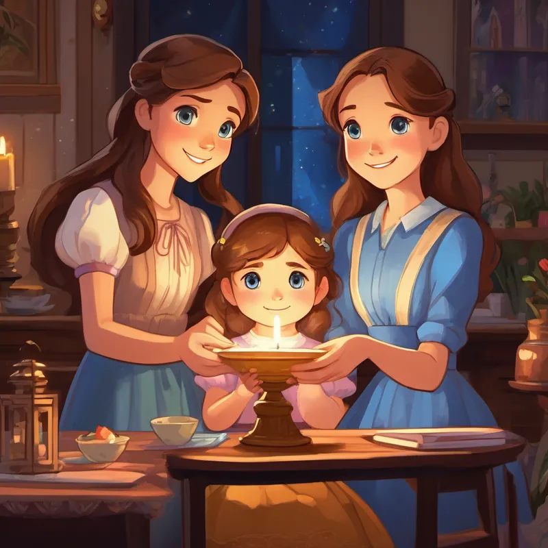 Long brown hair, sparkling blue eyes, kind-hearted girl with a smile that lights up any room, with a sad expression, holds the invitation while her stepmother and stepsisters look smug.