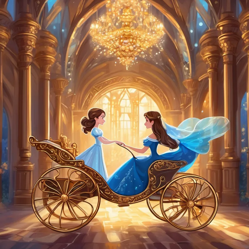 Long brown hair, sparkling blue eyes, kind-hearted girl with a smile that lights up any room, now wearing a beautiful gown and glass slippers, steps into a golden carriage surrounded by her fairy godmother's magic.