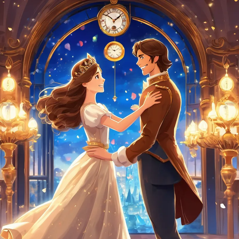 Long brown hair, sparkling blue eyes, kind-hearted girl with a smile that lights up any room and Handsome young man with a crown, wearing a royal outfit dance in a grand ballroom while the clock is about to strike midnight.