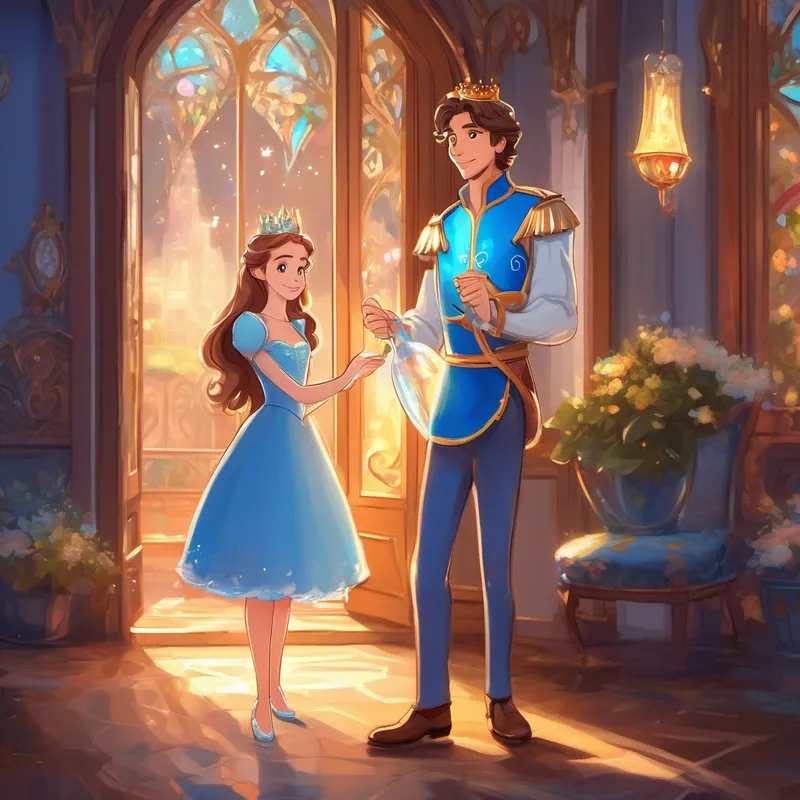 Handsome young man with a crown, wearing a royal outfit holds the glass slipper as Long brown hair, sparkling blue eyes, kind-hearted girl with a smile that lights up any room's stepsisters try and fail to fit their feet into it.