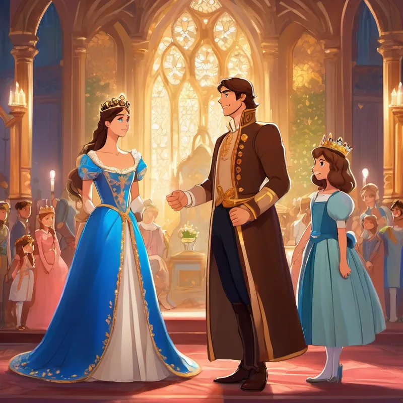 Long brown hair, sparkling blue eyes, kind-hearted girl with a smile that lights up any room, now wearing a royal gown, stands next to Handsome young man with a crown, wearing a royal outfit as her stepmother and stepsisters look remorseful.