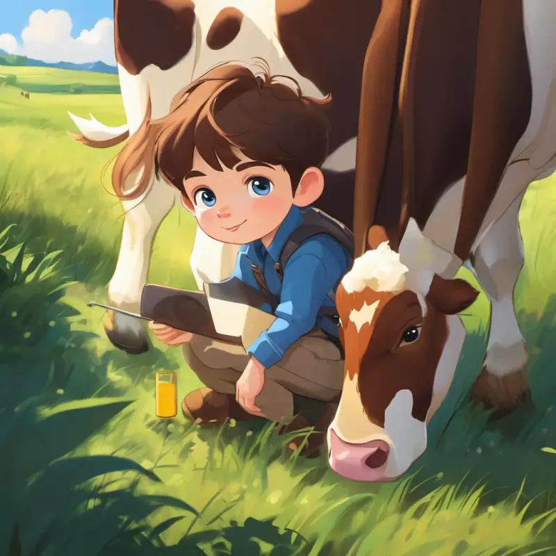 Young boy, adventurous spirit, short brown hair, blue eyes's only asset, the cow, stops producing milk