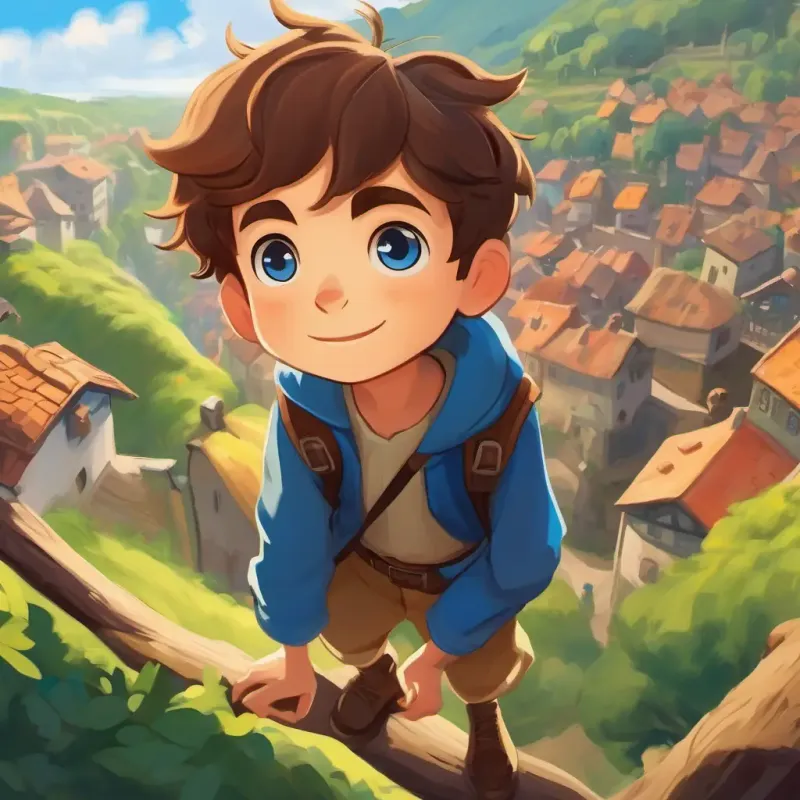 Young boy, adventurous spirit, short brown hair, blue eyes climbs far above the village
