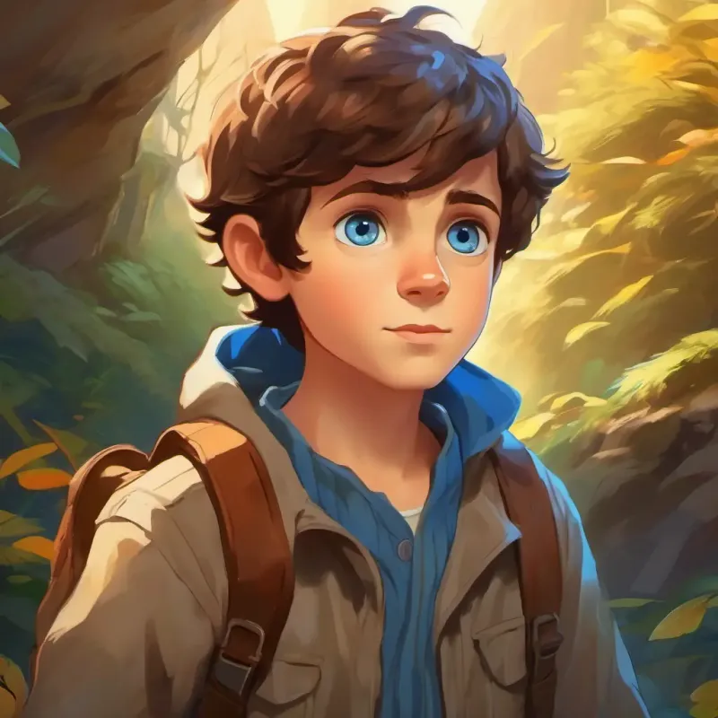 Young boy, adventurous spirit, short brown hair, blue eyes arrives at a new, mysterious world