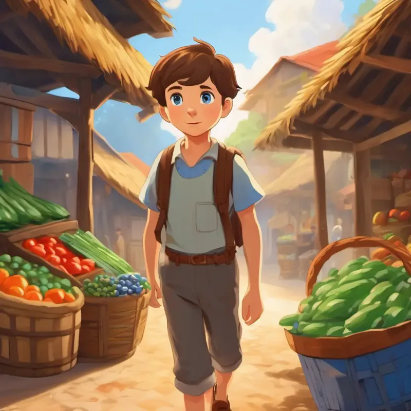 Young boy, adventurous spirit, short brown hair, blue eyes traveling to market, feeling anxious