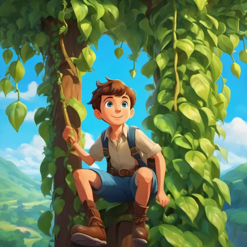 Young boy, adventurous spirit, short brown hair, blue eyes begins his ascent of the beanstalk