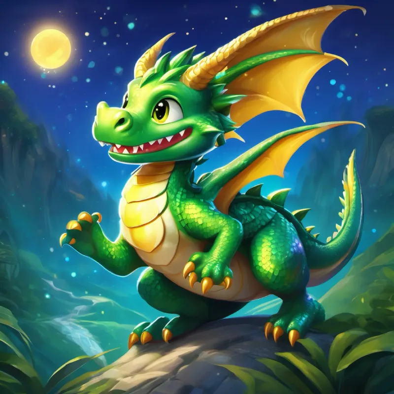 A playful little dragon with emerald green scales and sparkling golden eyes's excitement for the New Year's Eve celebrations in the magical land.
