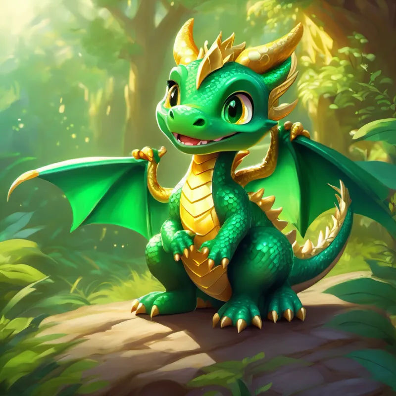 A playful little dragon with emerald green scales and sparkling golden eyes joins the dragon parade and spreads joy.