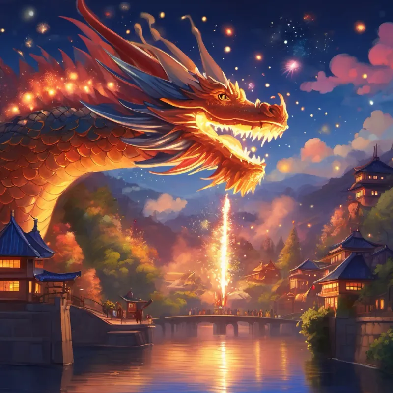 The magical moment when fireworks light up the sky, captivating all the dragons.