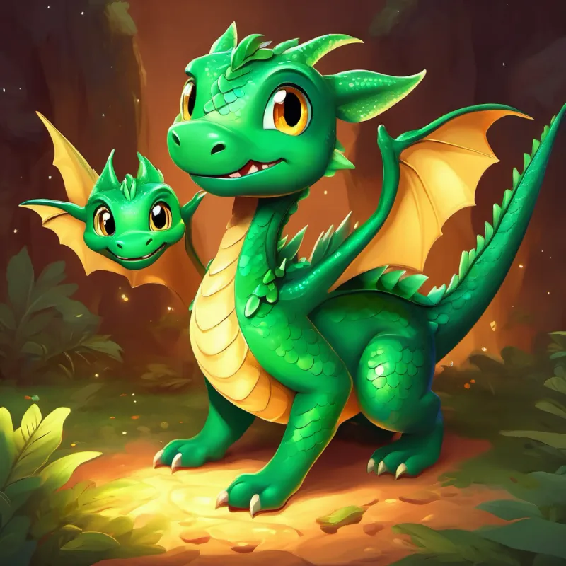 A playful little dragon with emerald green scales and sparkling golden eyes helps a little dragon who couldn't fly and they become friends.