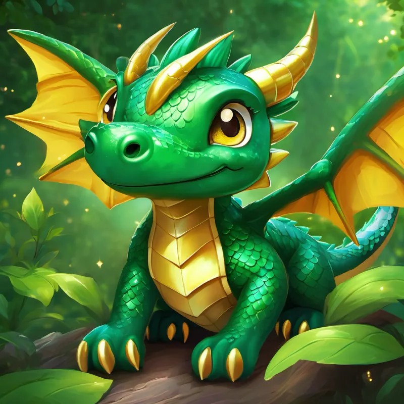 A playful little dragon with emerald green scales and sparkling golden eyes and the little dragon become friends and enjoy flying together.