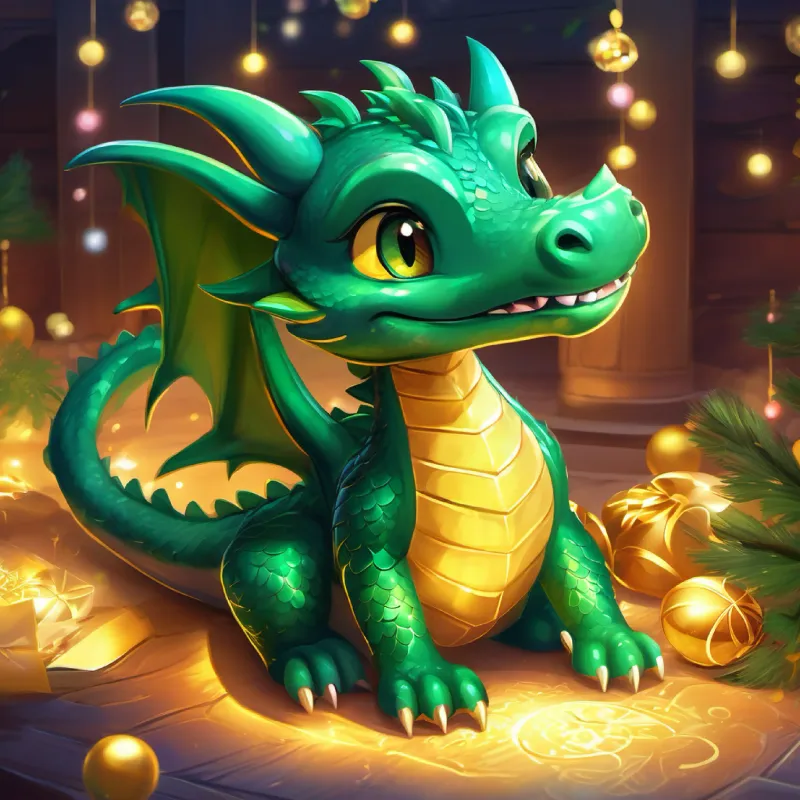 A playful little dragon with emerald green scales and sparkling golden eyes reflects on the memorable New Year's Eve and the new friendship made.