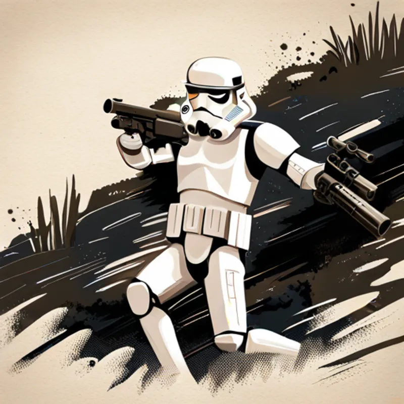 Stormtrooper Tim covered in mud, blaster flying from his hands