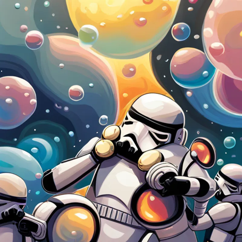 Stormtrooper Tim surrounded by bubbles, friends laughing