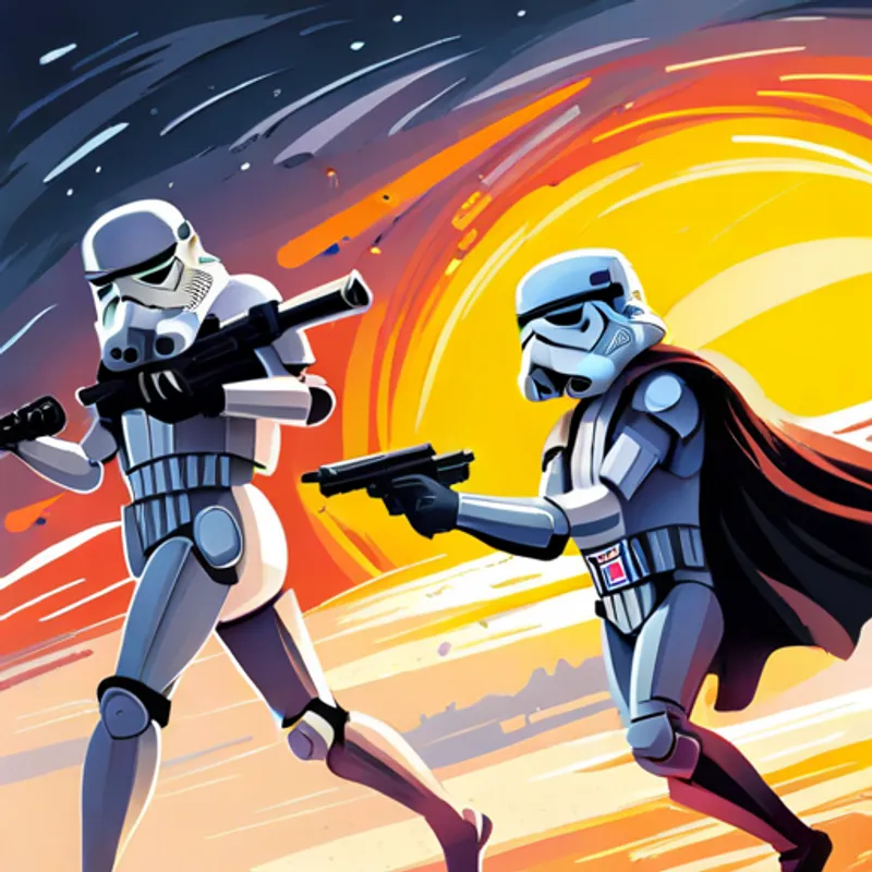 Stormtrooper Tim chasing his bouncing blaster, Darth Vader laughing