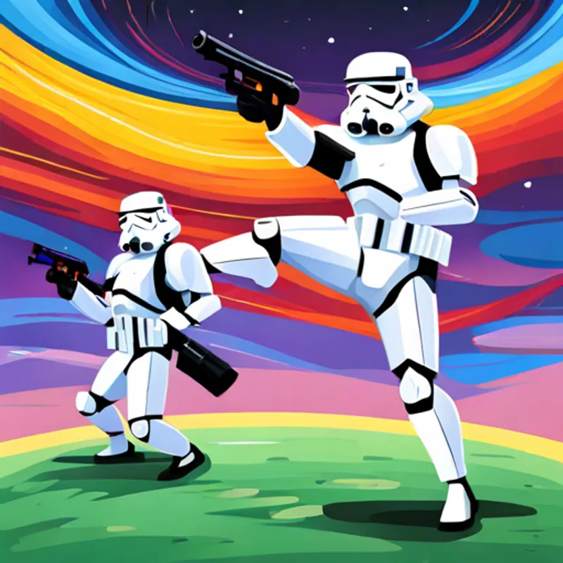 Stormtrooper Tim dancing with his blaster, crowd laughing